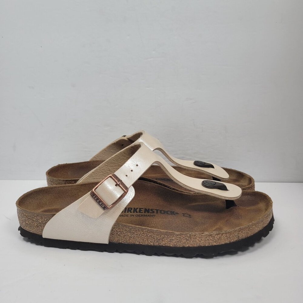 Birkenstock Cream T-Strap Sandals with Tan Footbed